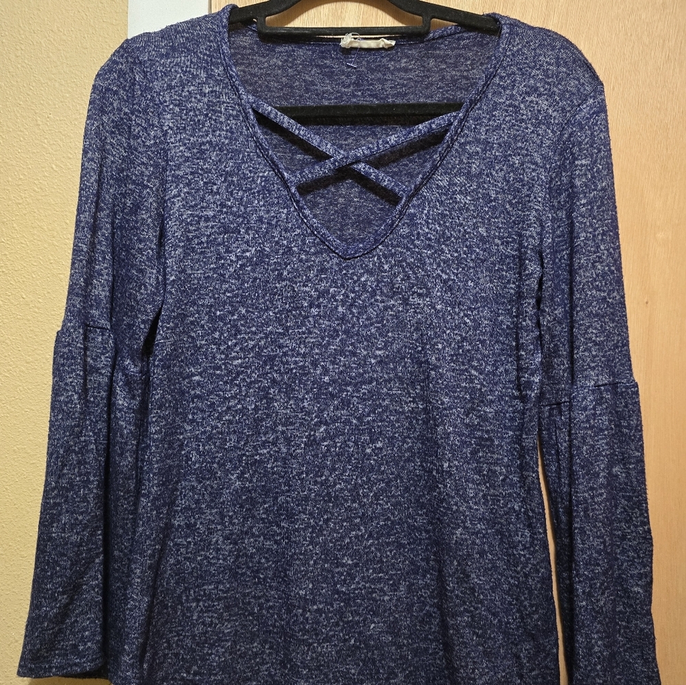 Elegant Blue V-Neck Blouse with Cross-Strap Detail